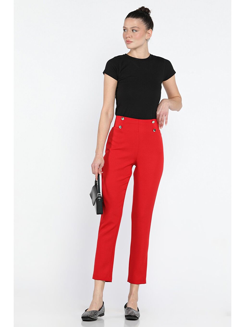 Kırmızı Bel Lastikli Dar Paça Kadın Kumaş Pantolon