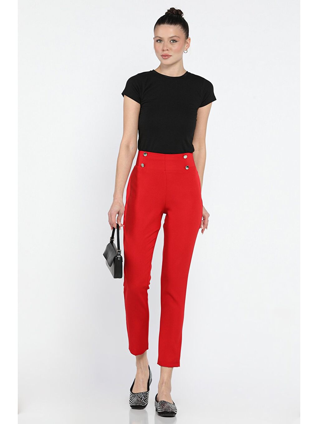 Kırmızı Bel Lastikli Dar Paça Kadın Kumaş Pantolon-1