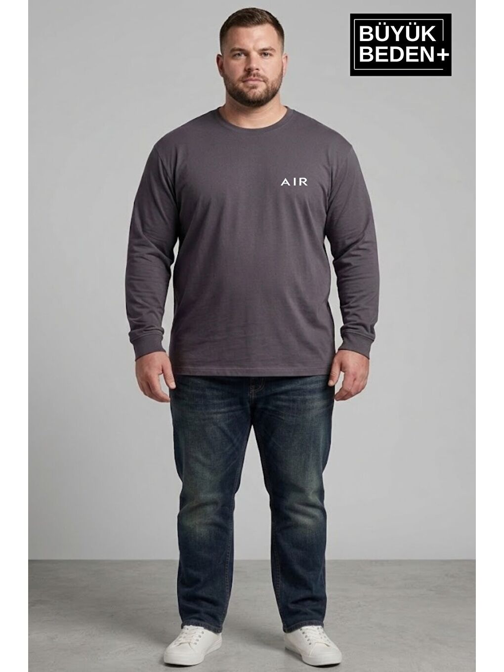 Gri Erkek Büyük Beden Air Baskılı 2 İplik Bisiklet Yaka Tişört SPR26BTS942-1