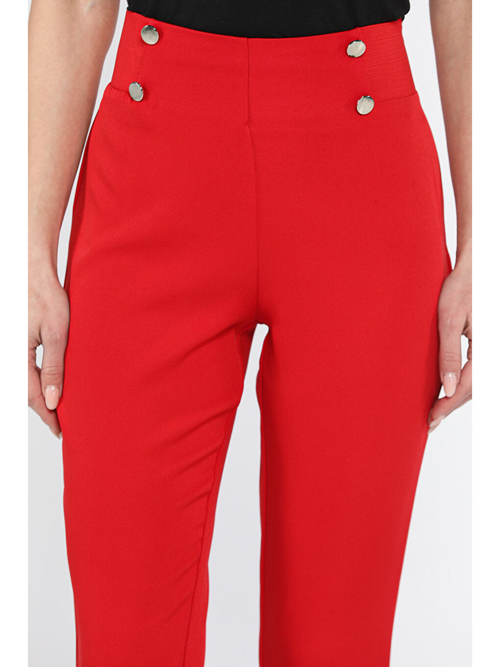 Kırmızı Bel Lastikli Dar Paça Kadın Kumaş Pantolon-2