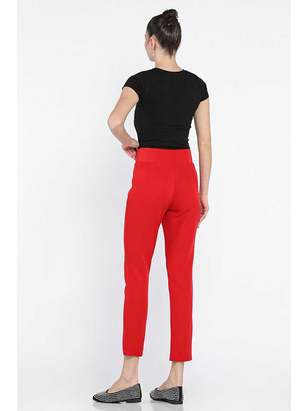 Kırmızı Bel Lastikli Dar Paça Kadın Kumaş Pantolon-3