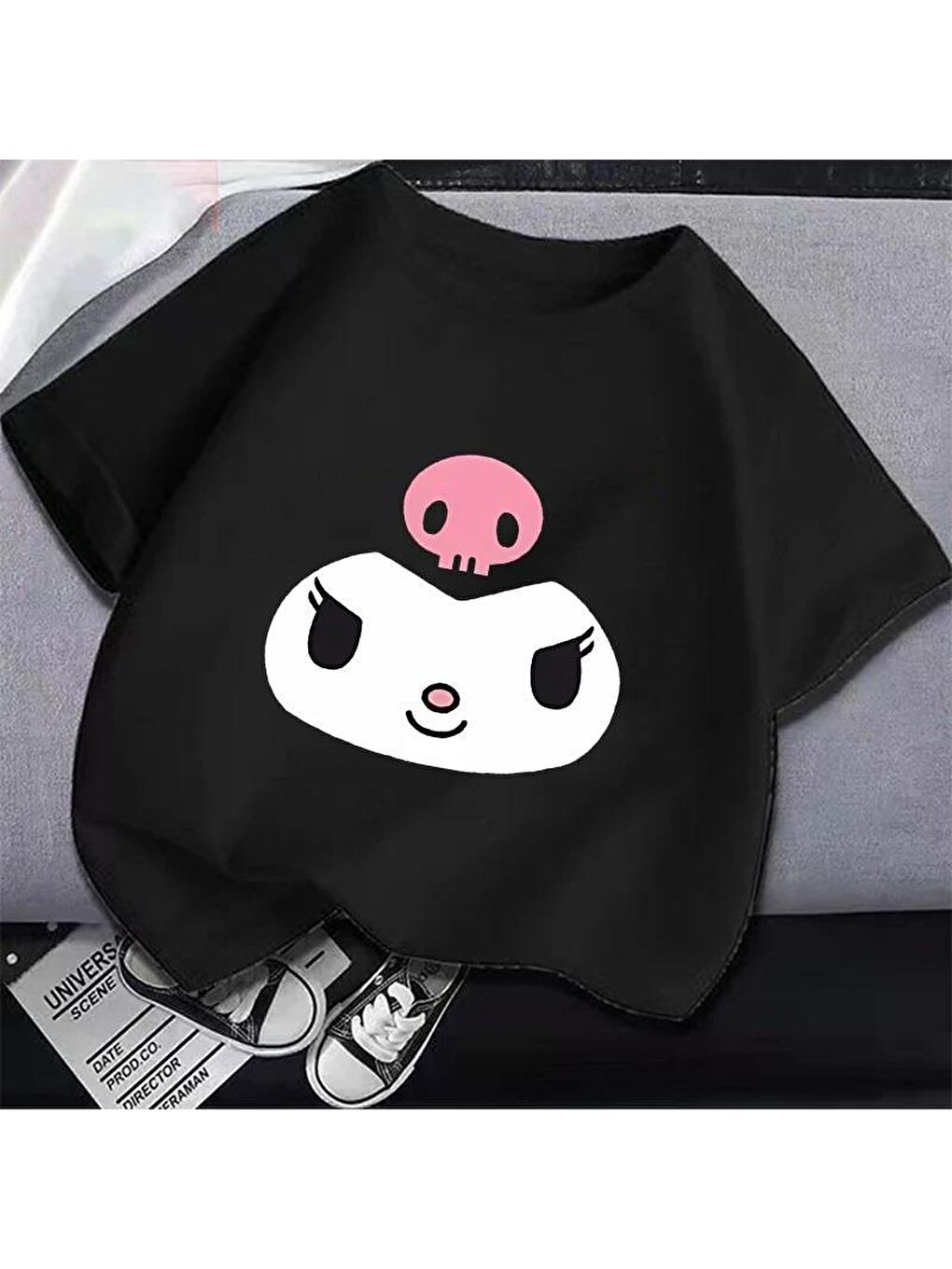 Touz Moda Siyah Harajuku Kuromi Face Unisex Oversize Siyah T-shirt