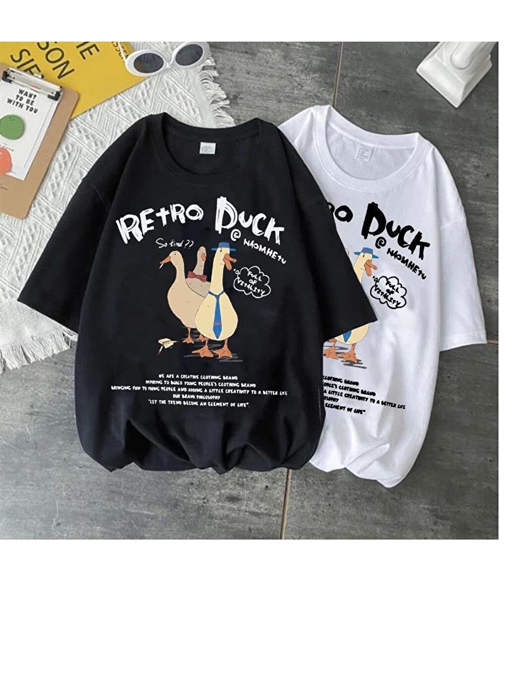 Touz Moda Siyah Retro Duck Baskılı Unisex Oversize T-shirt