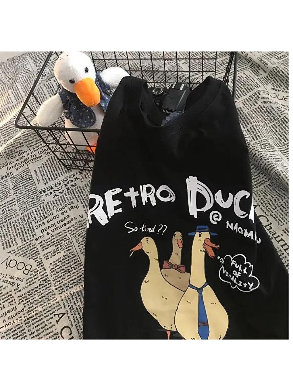 Touz Moda Siyah Retro Duck Baskılı Unisex Oversize T-shirt - 1