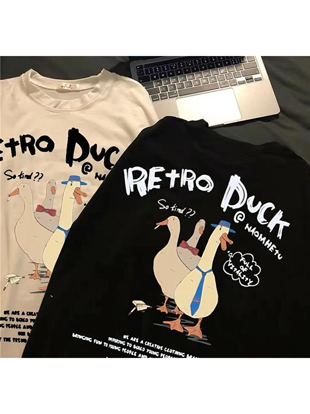 Touz Moda Siyah Retro Duck Baskılı Unisex Oversize T-shirt - 3