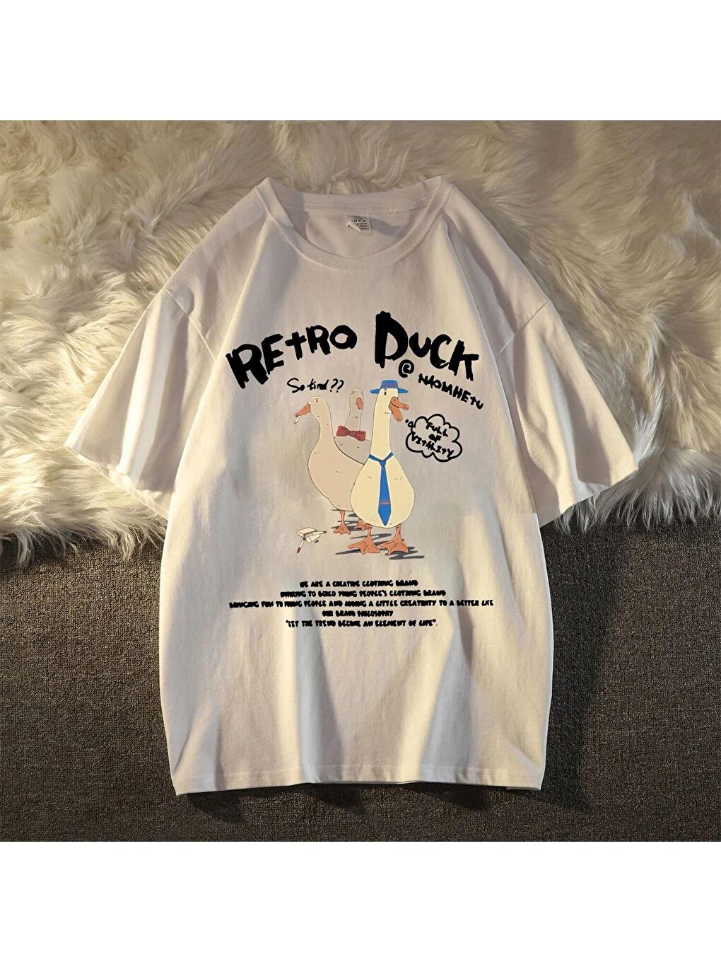 Touz Moda Siyah Retro Duck Baskılı Unisex Oversize T-shirt - 4