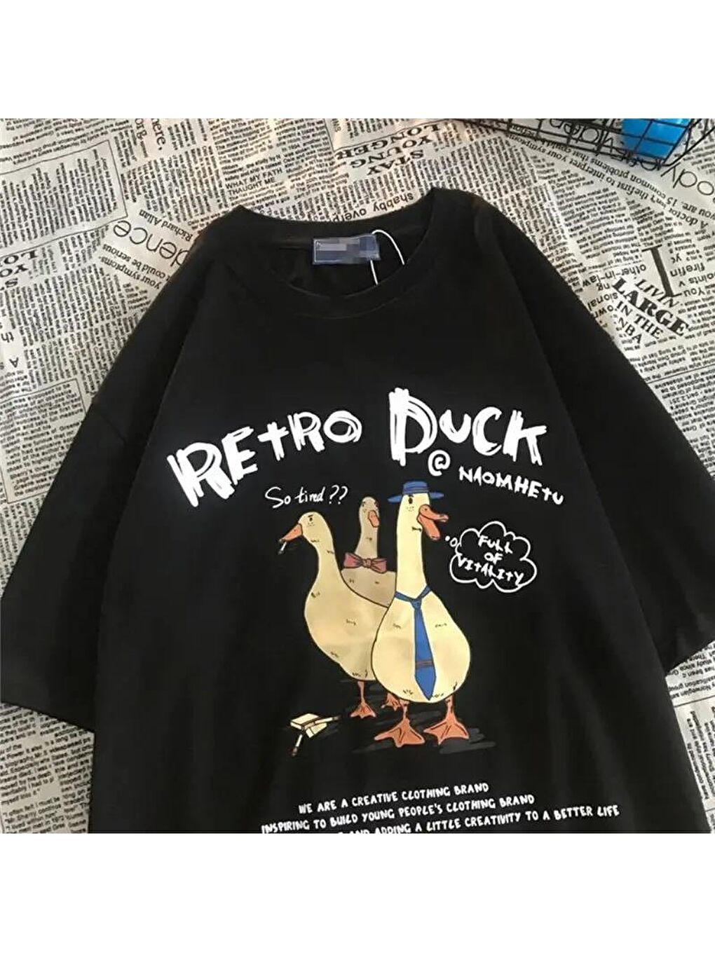 Touz Moda Siyah Retro Duck Baskılı Unisex Oversize T-shirt - 5