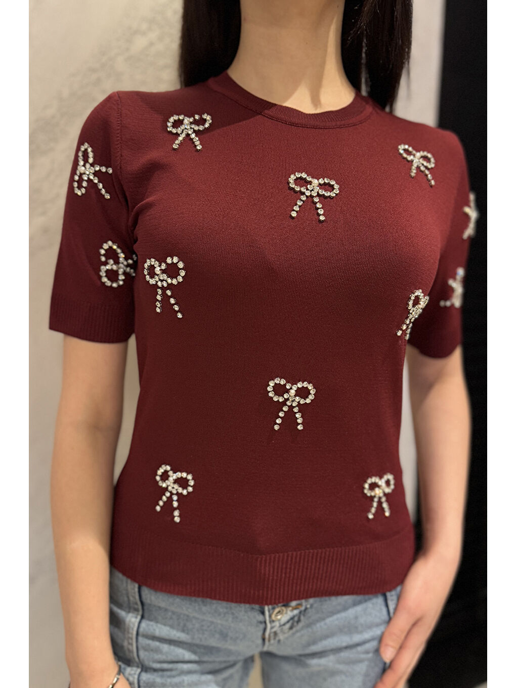 Bordo Taş Detaylı Bisiklet Yaka Kadın Kısa Kol Bluz-3