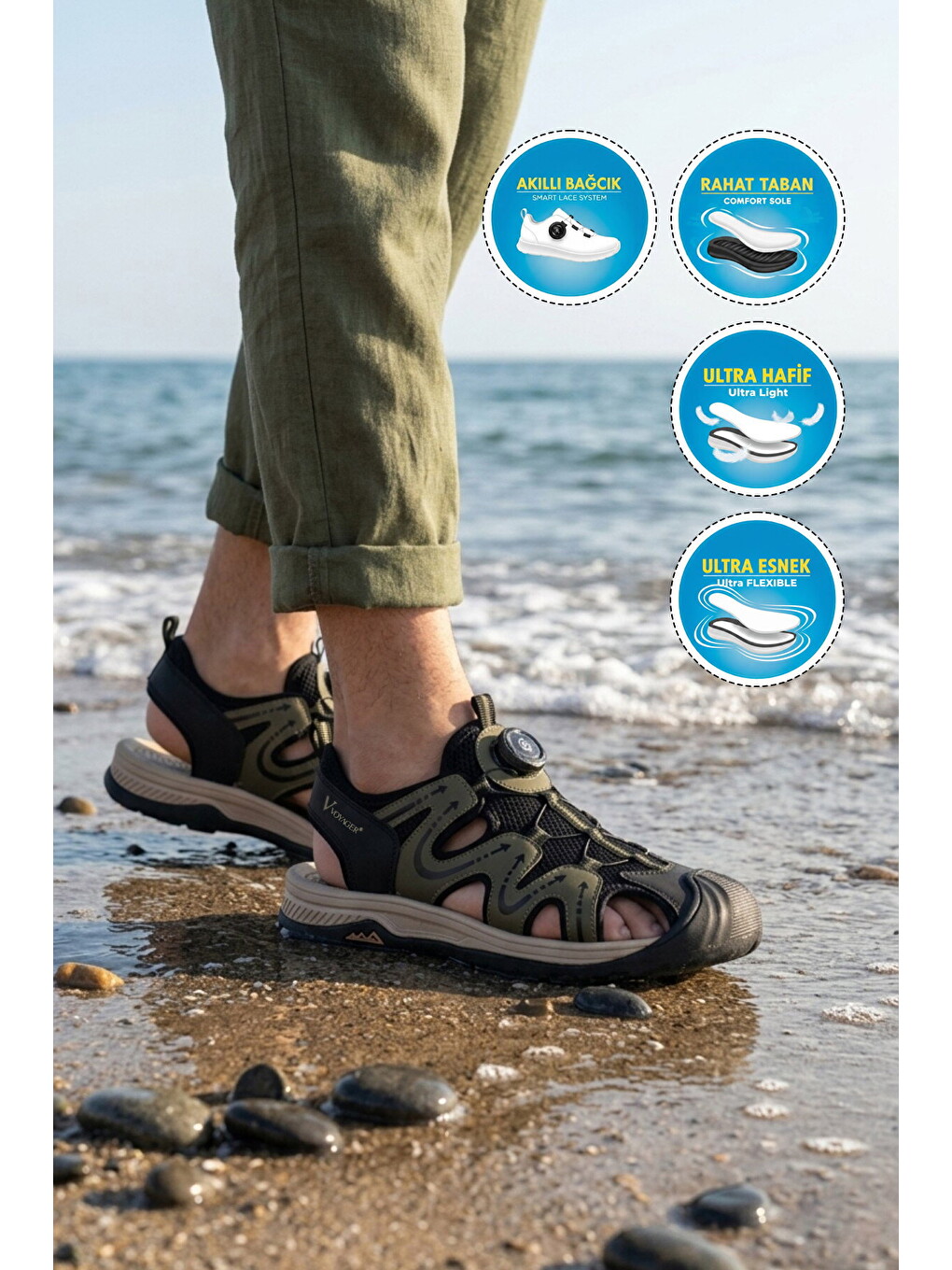 Erkek Outdoor Trekking Sandalet Nefes Alabilen Yapı Misina Bağcık Haki E339 M-2