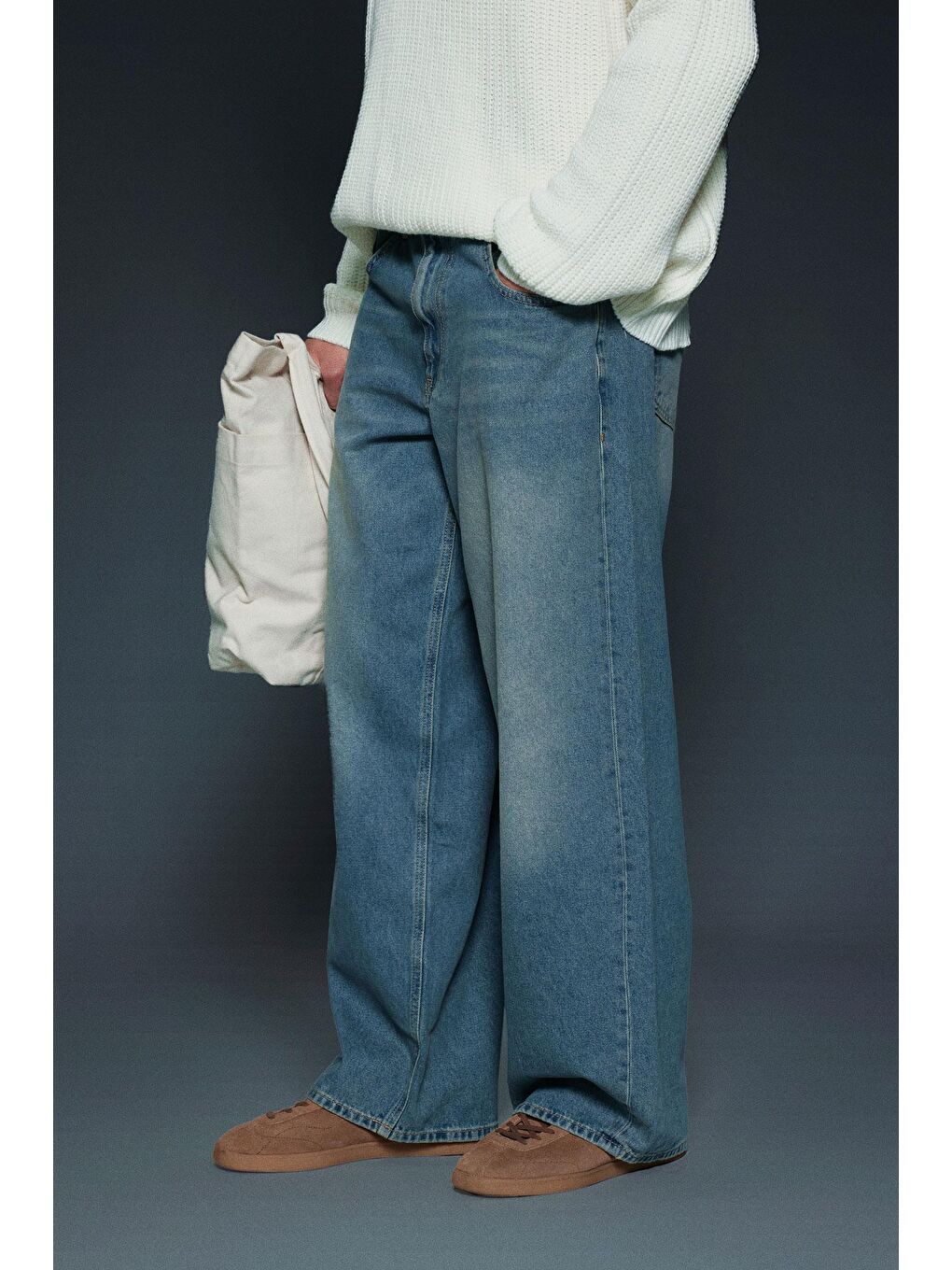 Erkek Süper Baggy Fit Jean Pantolon Soluk Mavi-4