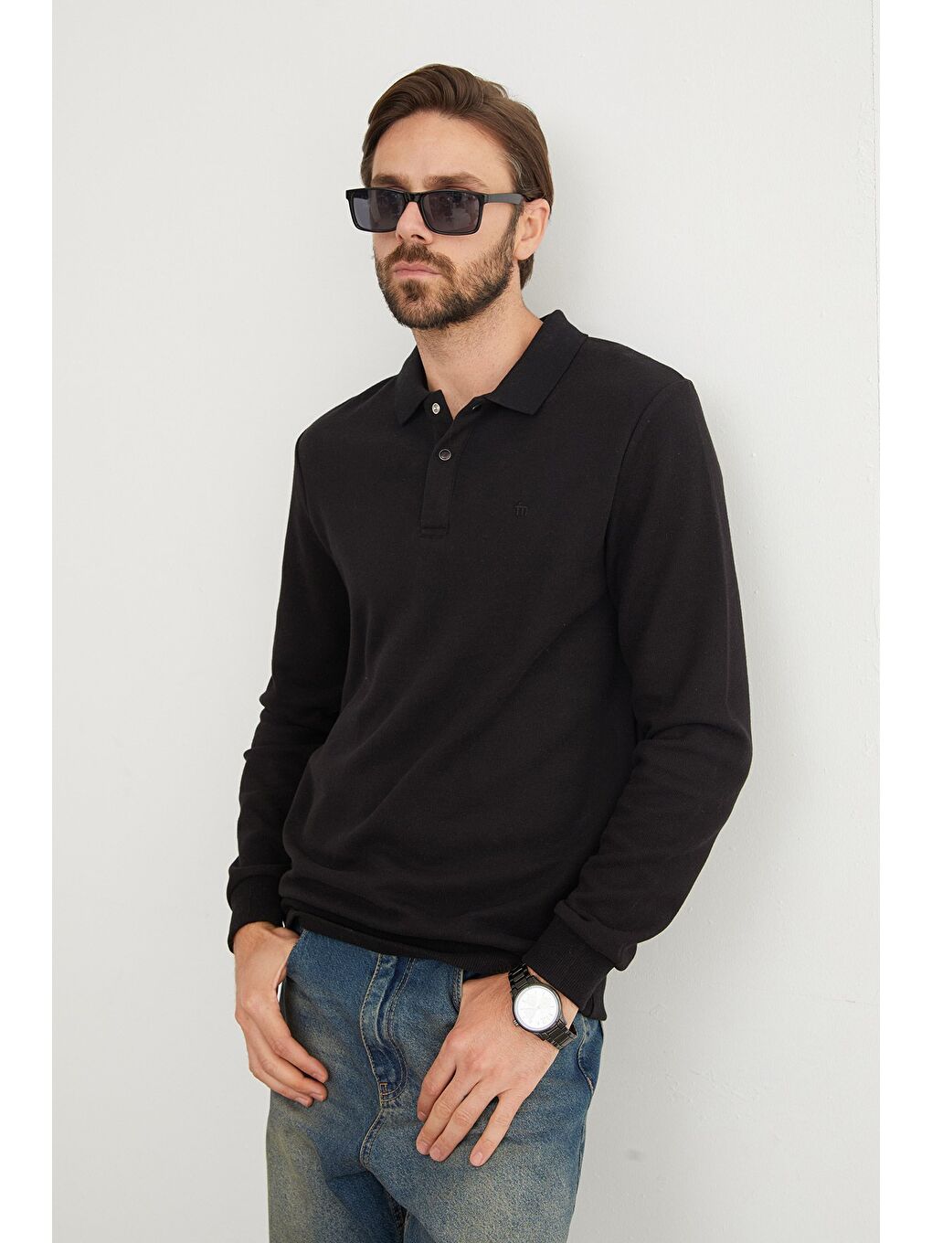 Siyah Fitilli Polo Yaka Düğmeli Büyük Beden Sweatshirt