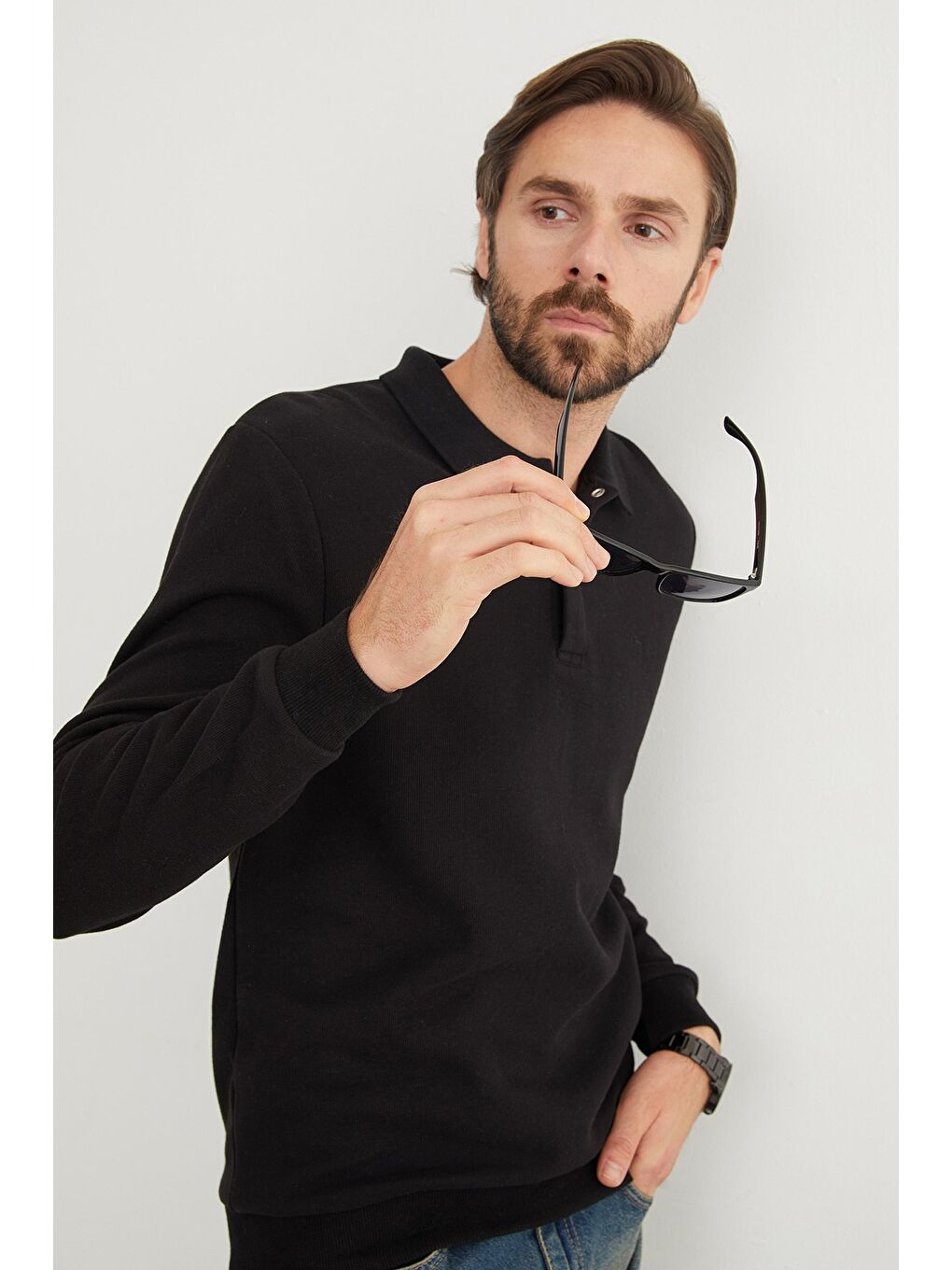 Siyah Fitilli Polo Yaka Düğmeli Büyük Beden Sweatshirt-1