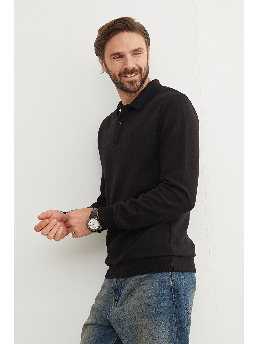 Siyah Fitilli Polo Yaka Düğmeli Büyük Beden Sweatshirt-2