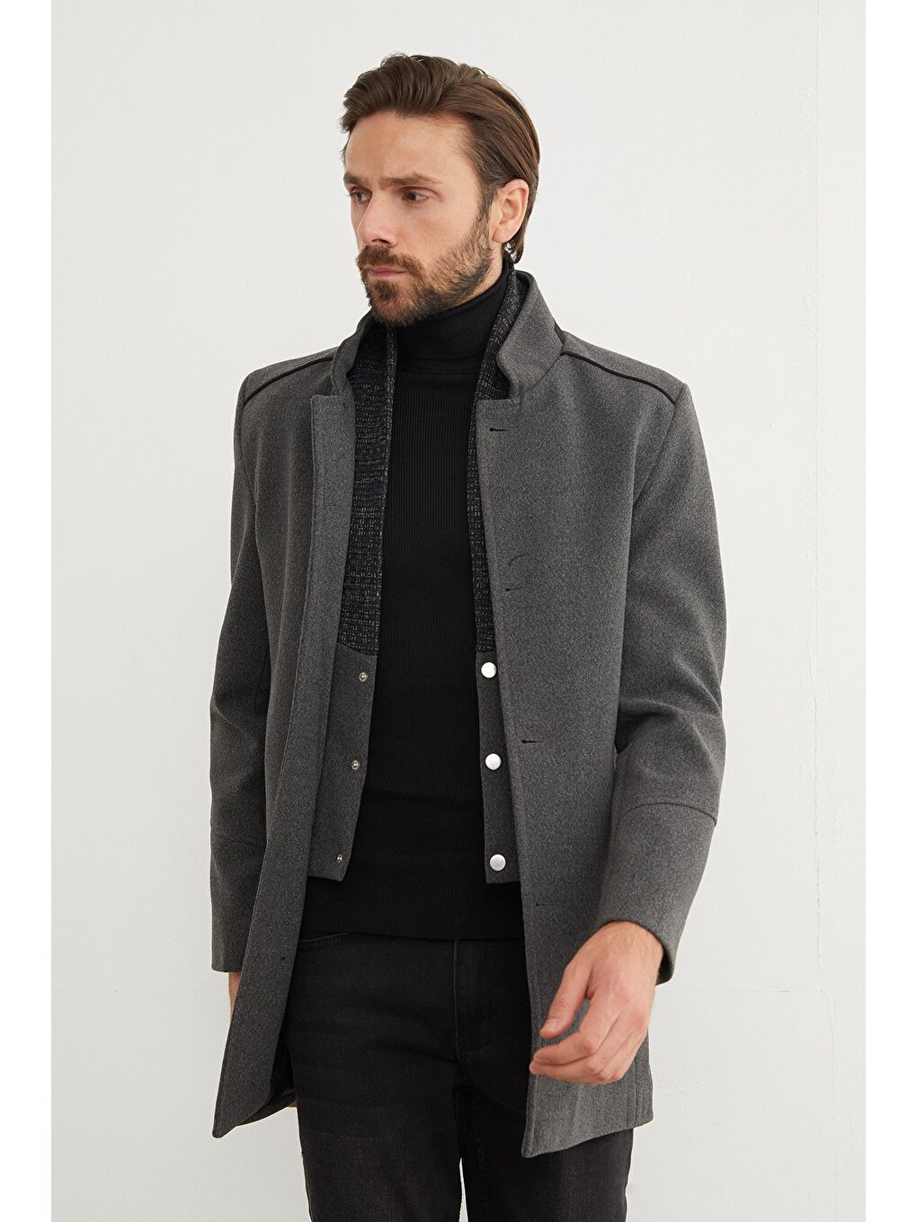 Antrasit Cepli Şal Yaka Kaşe Kaban-1