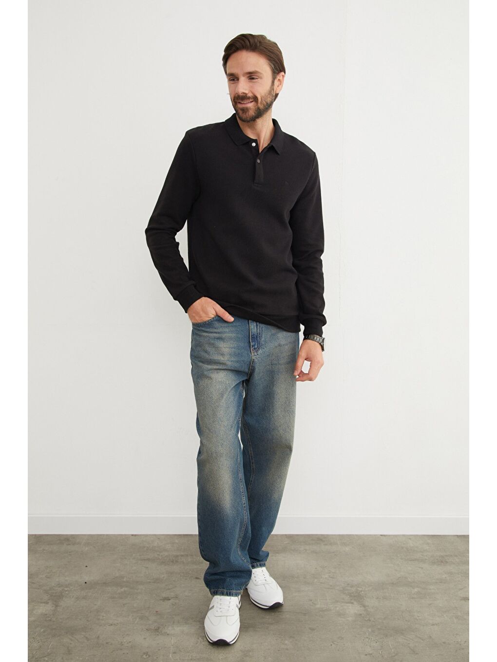 Siyah Fitilli Polo Yaka Düğmeli Büyük Beden Sweatshirt-3