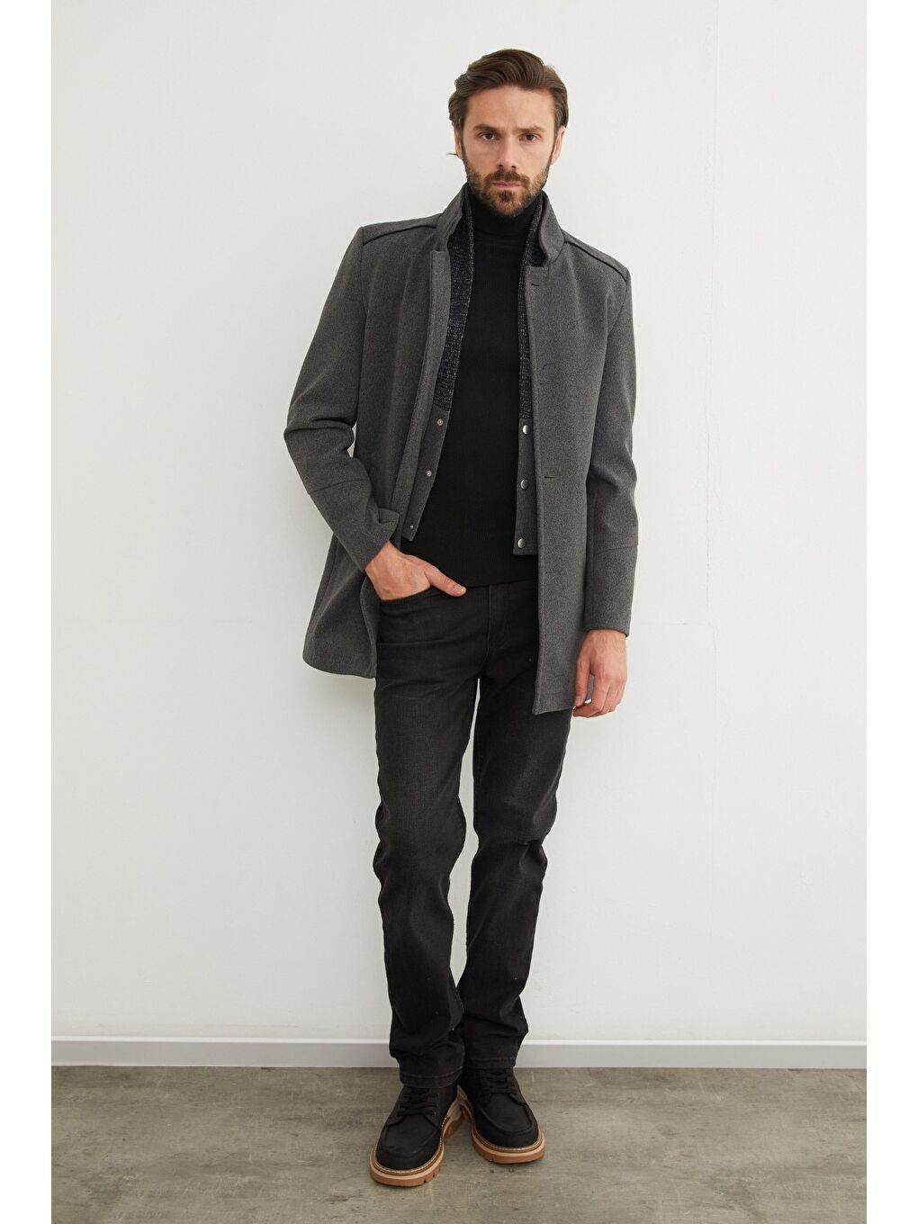 Antrasit Cepli Şal Yaka Kaşe Kaban-2