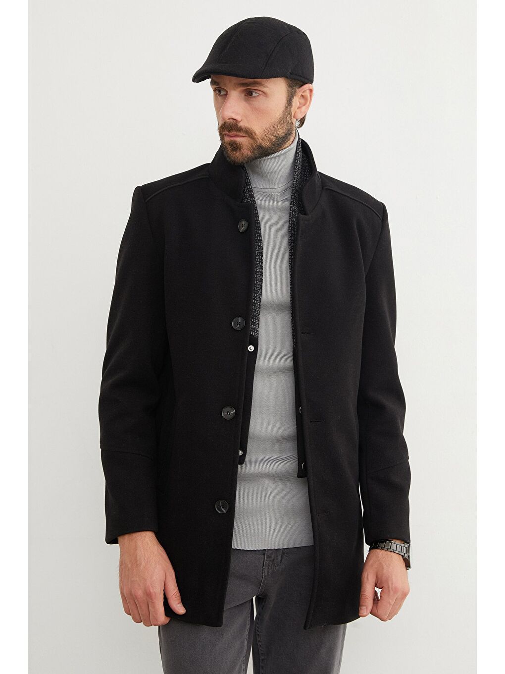 Siyah Cepli Şal Yaka Kaşe Kaban