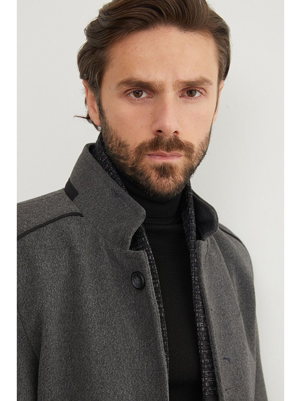 Antrasit Cepli Şal Yaka Kaşe Kaban-3