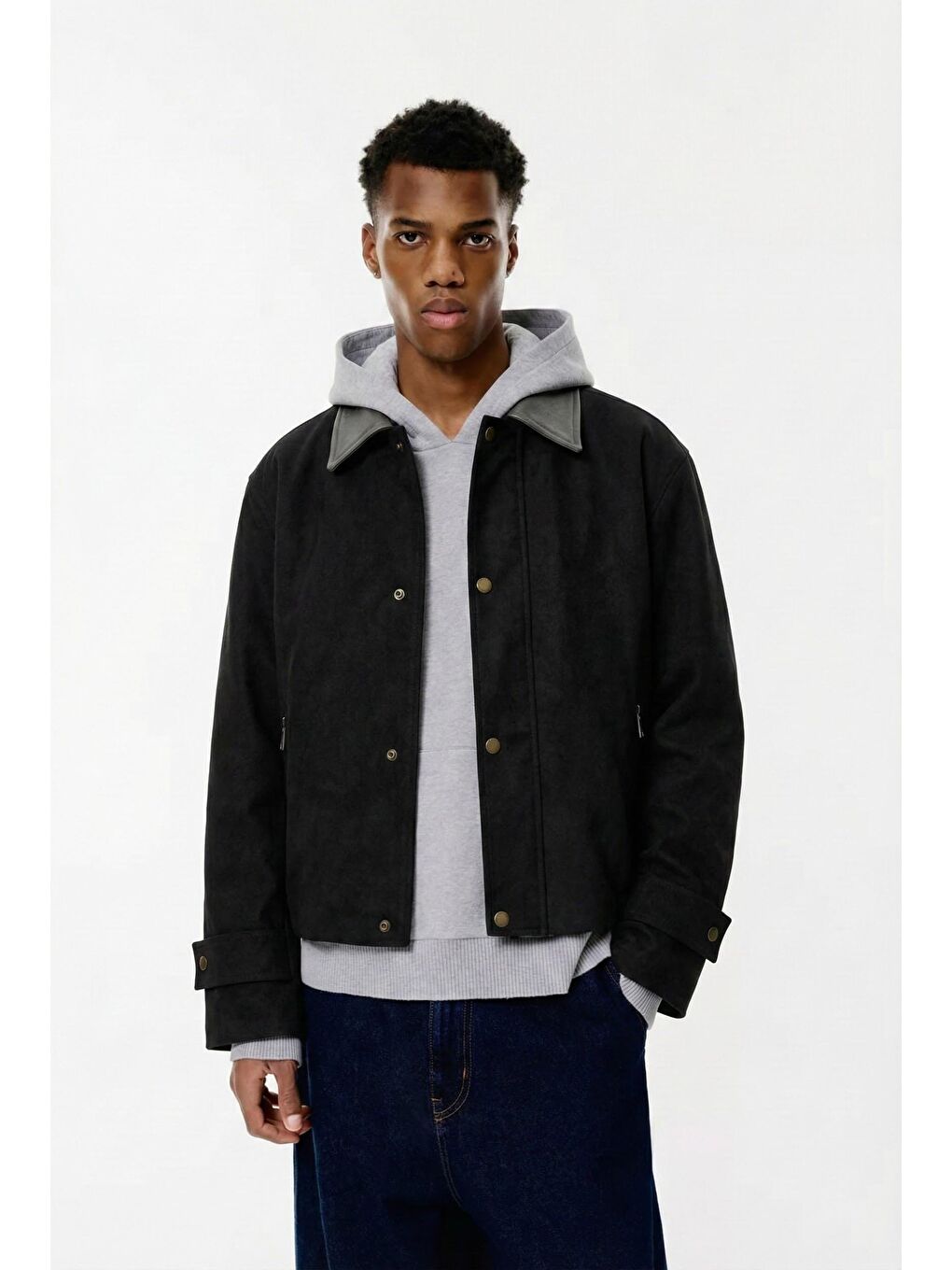 Erkek Boxy Fit Geniş Kesim Kontrast Yaka Premium Ceket Siyah-2