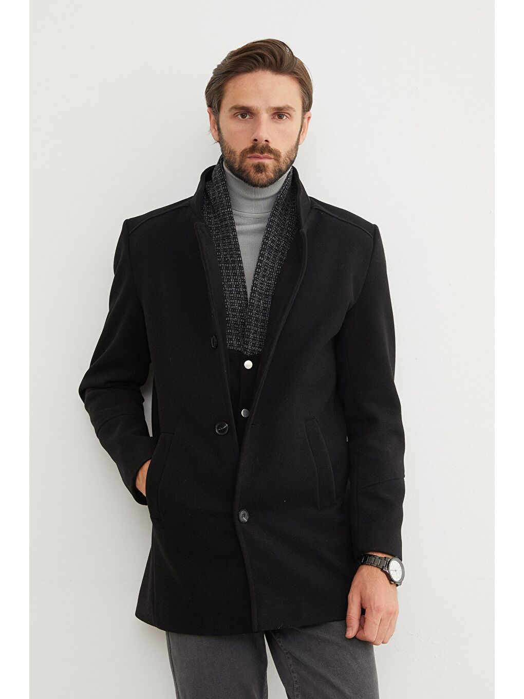 Siyah Cepli Şal Yaka Kaşe Kaban-1