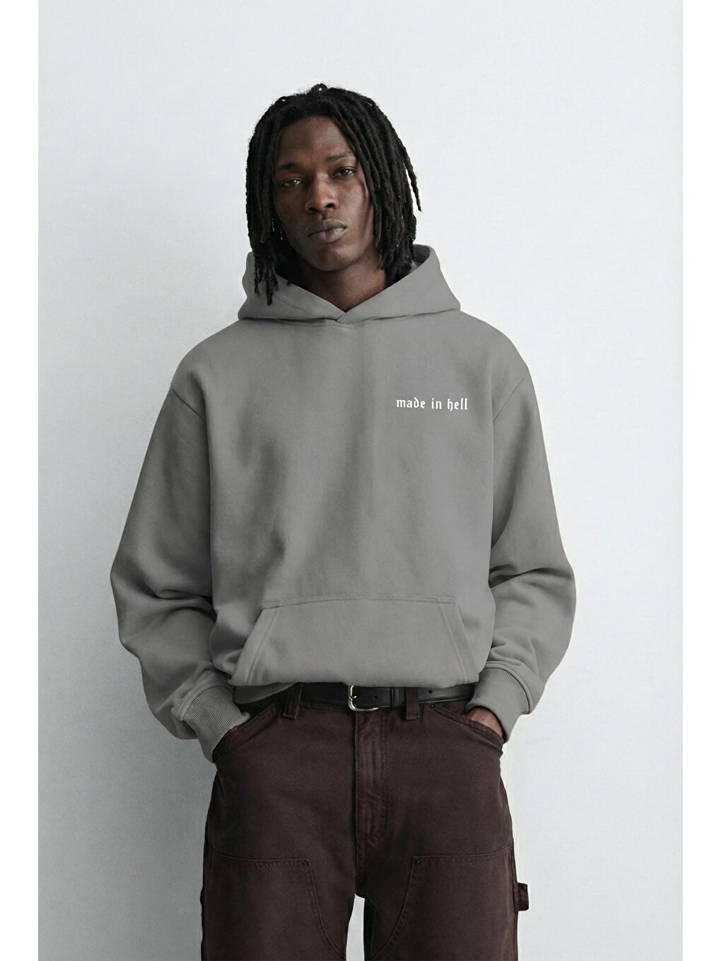 Erkek Oversize Baskılı Premium Kapüşonlu Sweatshirt Gri