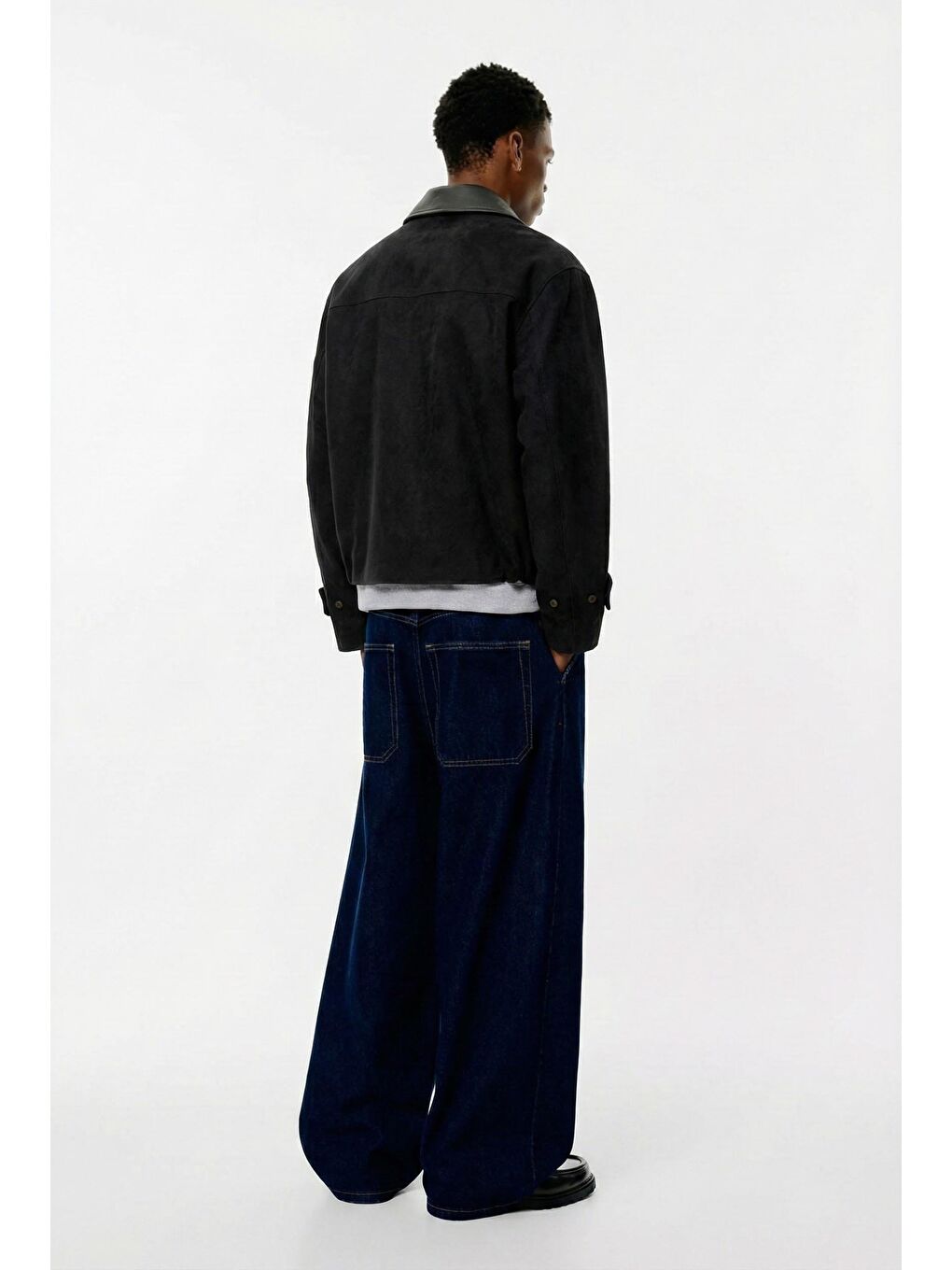 Erkek Boxy Fit Geniş Kesim Kontrast Yaka Premium Ceket Siyah-4