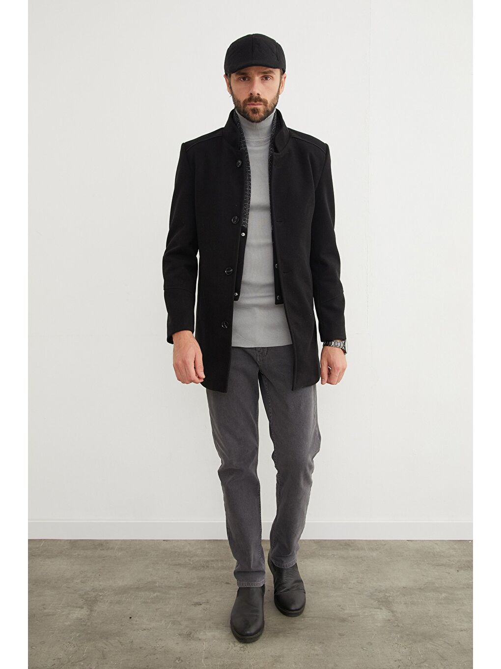 Siyah Cepli Şal Yaka Kaşe Kaban-2