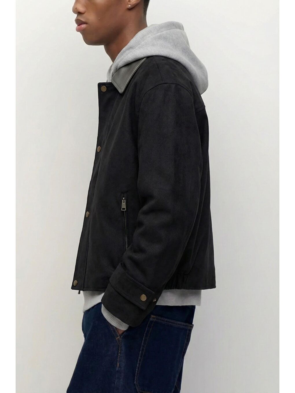 Erkek Boxy Fit Geniş Kesim Kontrast Yaka Premium Ceket Siyah-5