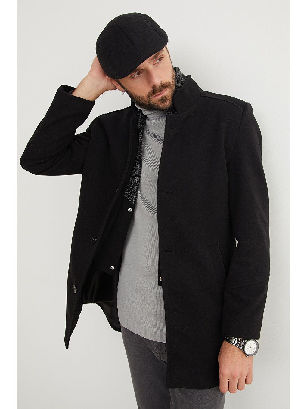 Siyah Cepli Şal Yaka Kaşe Kaban-3