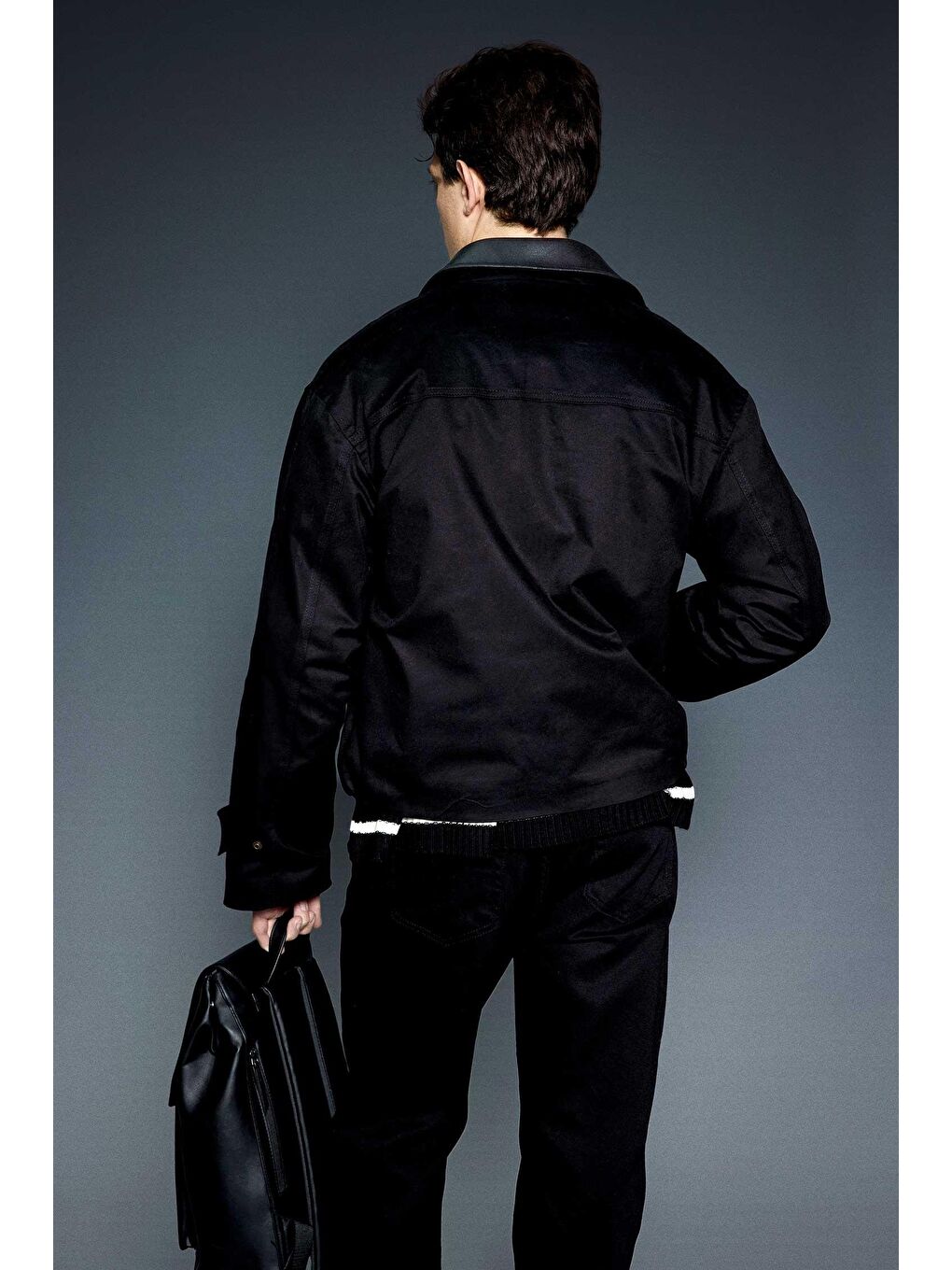 Erkek Boxy Fit Geniş Kesim Kontrast Yaka Premium Ceket Siyah-6