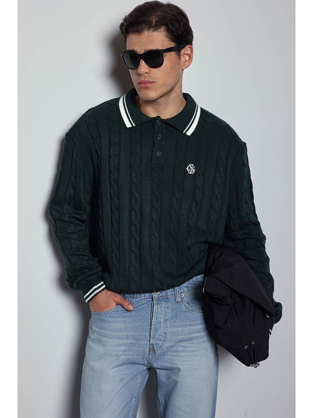 Erkek Oversize Polo Yaka Örgü Desenli Triko Kazak Yeşil