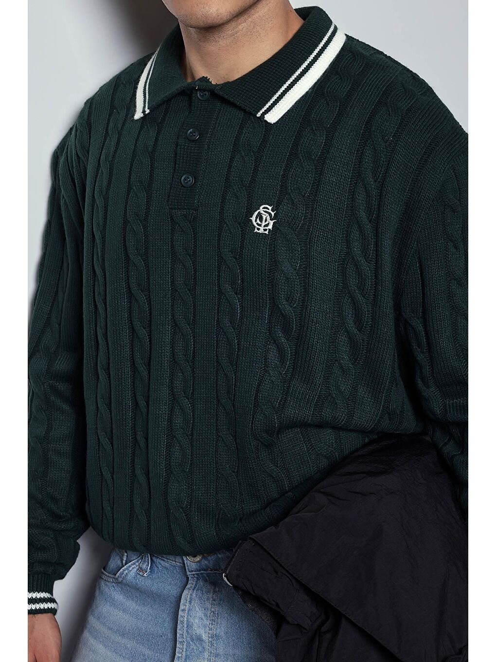 Erkek Oversize Polo Yaka Örgü Desenli Triko Kazak Yeşil-1