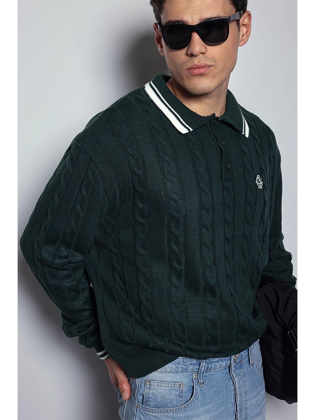 Erkek Oversize Polo Yaka Örgü Desenli Triko Kazak Yeşil-3