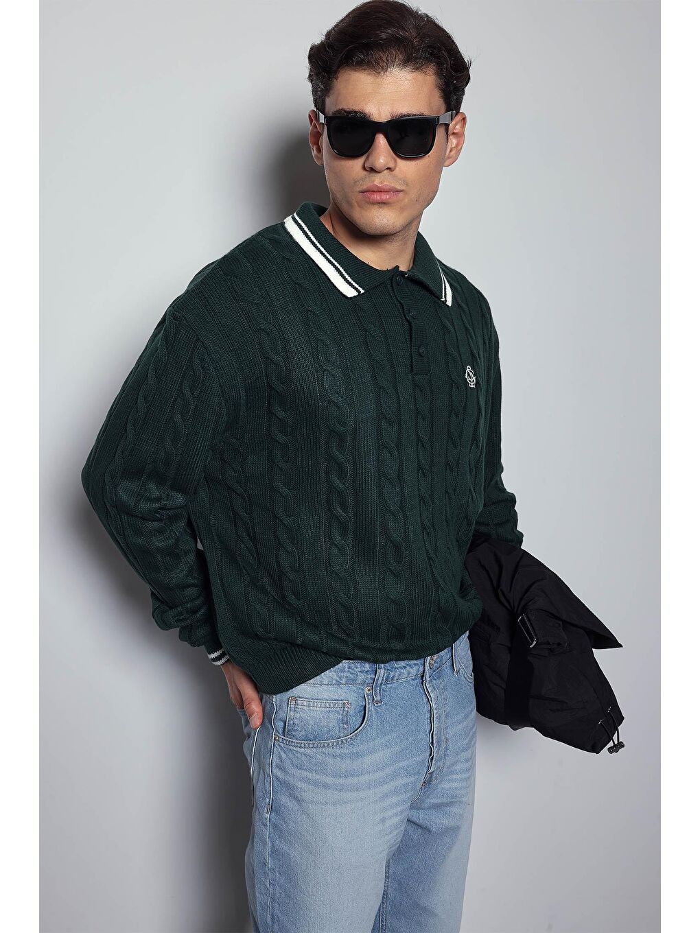 Erkek Oversize Polo Yaka Örgü Desenli Triko Kazak Yeşil-4