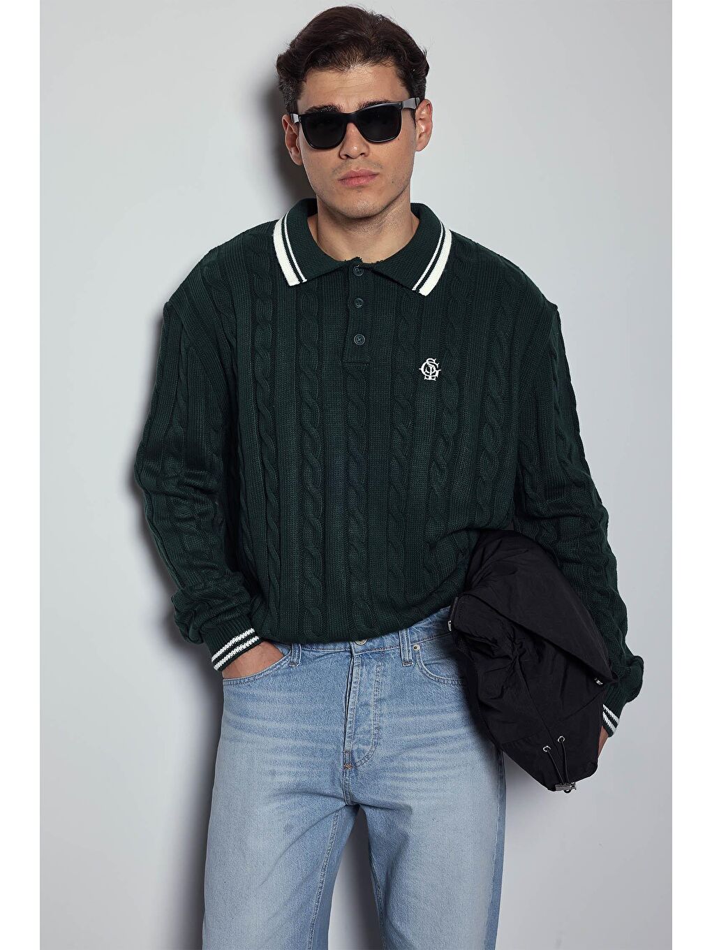 Erkek Oversize Polo Yaka Örgü Desenli Triko Kazak Yeşil-5