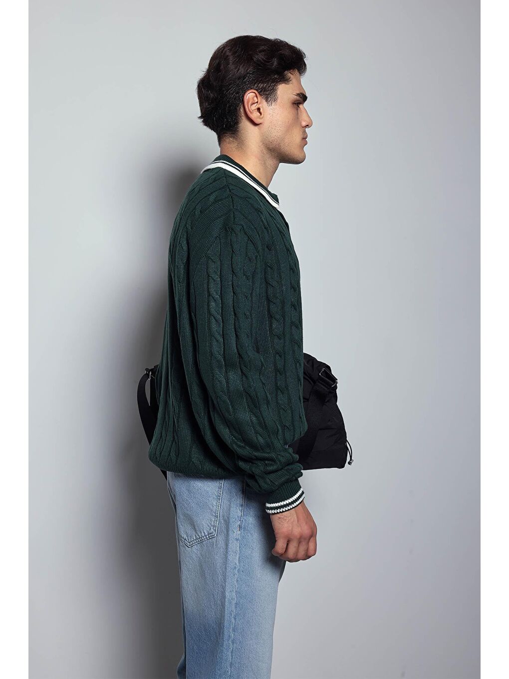 Erkek Oversize Polo Yaka Örgü Desenli Triko Kazak Yeşil-6