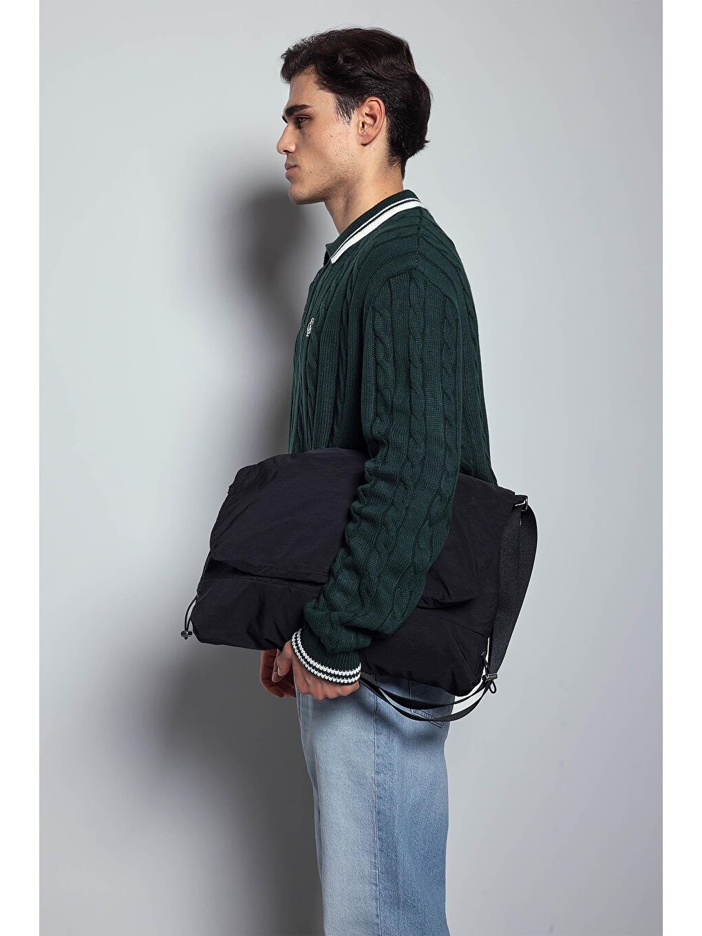 Erkek Oversize Polo Yaka Örgü Desenli Triko Kazak Yeşil-7