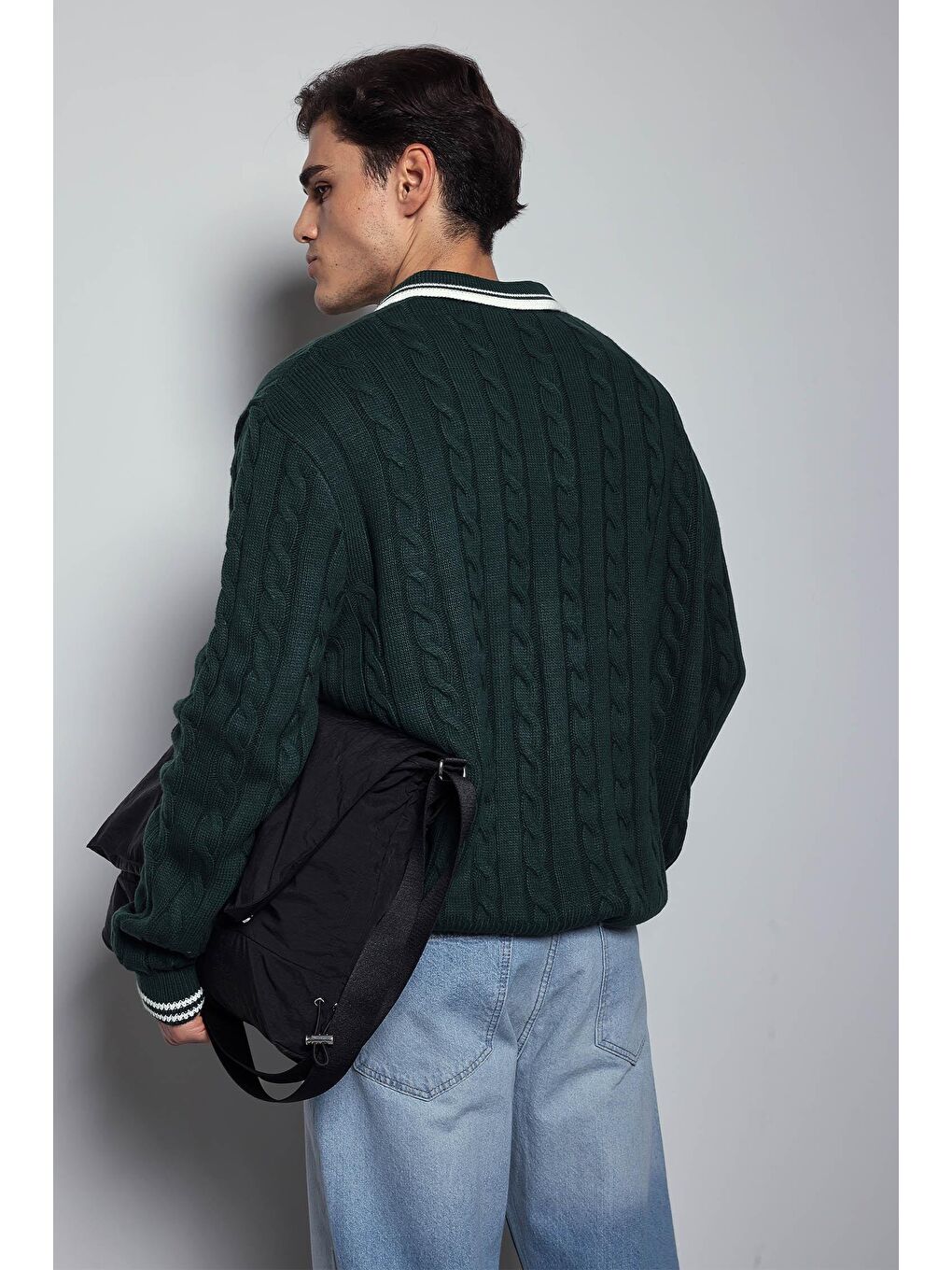 Erkek Oversize Polo Yaka Örgü Desenli Triko Kazak Yeşil-8