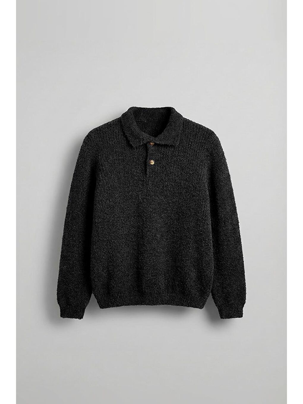 Erkek Relax Fit Düğmeli Dokulu Kazak Siyah