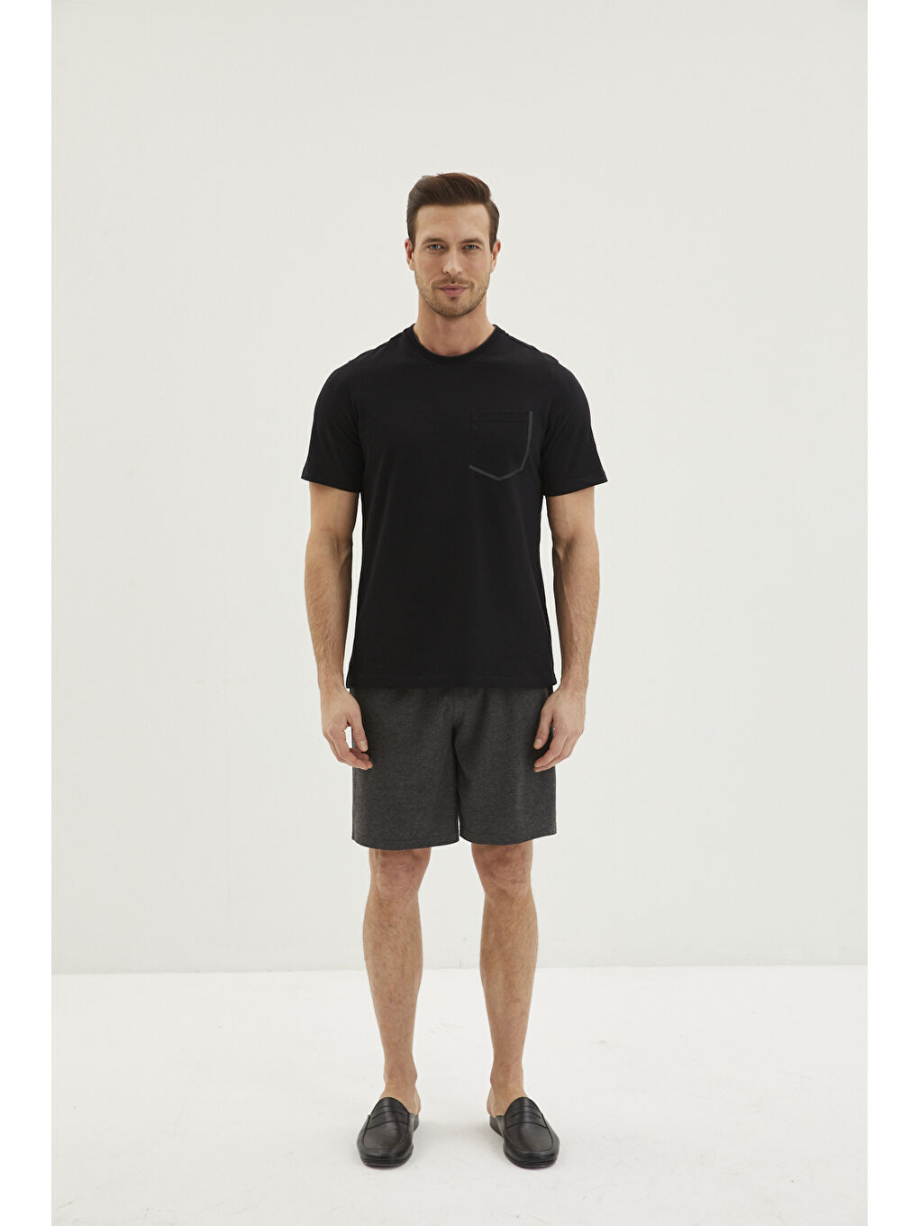 Siyah Kontrast Yakalı 2'li Şort Pamuk Pijama Takımı