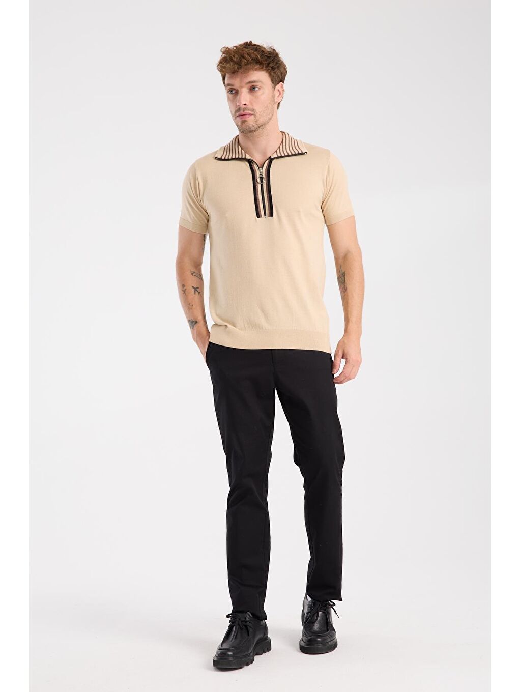 Aclub Foxtrot Örme Kumaş Viskon Karışımlı Slim Fit Koyu Bej Dik Yaka Erkek Düz Polo Shirt-1