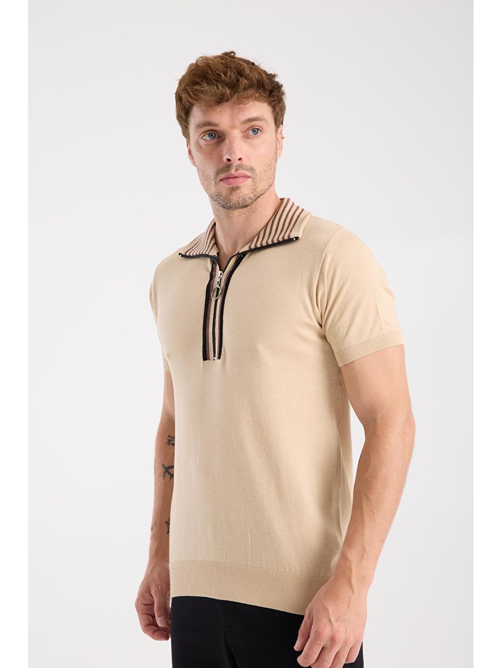 Aclub Foxtrot Örme Kumaş Viskon Karışımlı Slim Fit Koyu Bej Dik Yaka Erkek Düz Polo Shirt-2