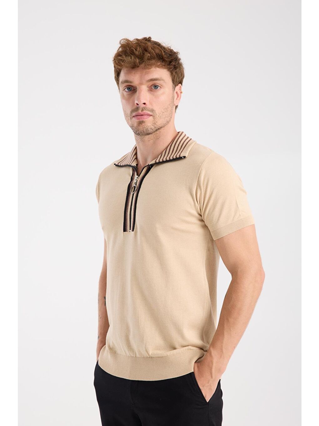 Aclub Foxtrot Örme Kumaş Viskon Karışımlı Slim Fit Koyu Bej Dik Yaka Erkek Düz Polo Shirt-3