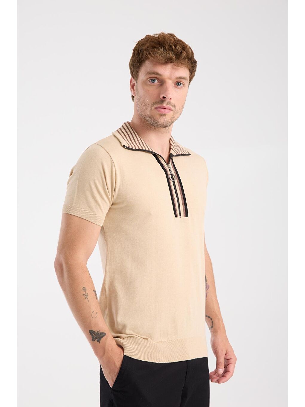 Aclub Foxtrot Örme Kumaş Viskon Karışımlı Slim Fit Koyu Bej Dik Yaka Erkek Düz Polo Shirt-4