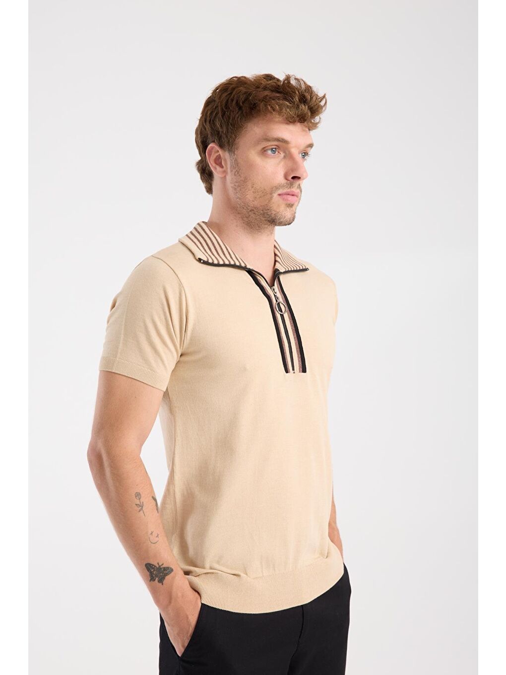 Aclub Foxtrot Örme Kumaş Viskon Karışımlı Slim Fit Koyu Bej Dik Yaka Erkek Düz Polo Shirt-5