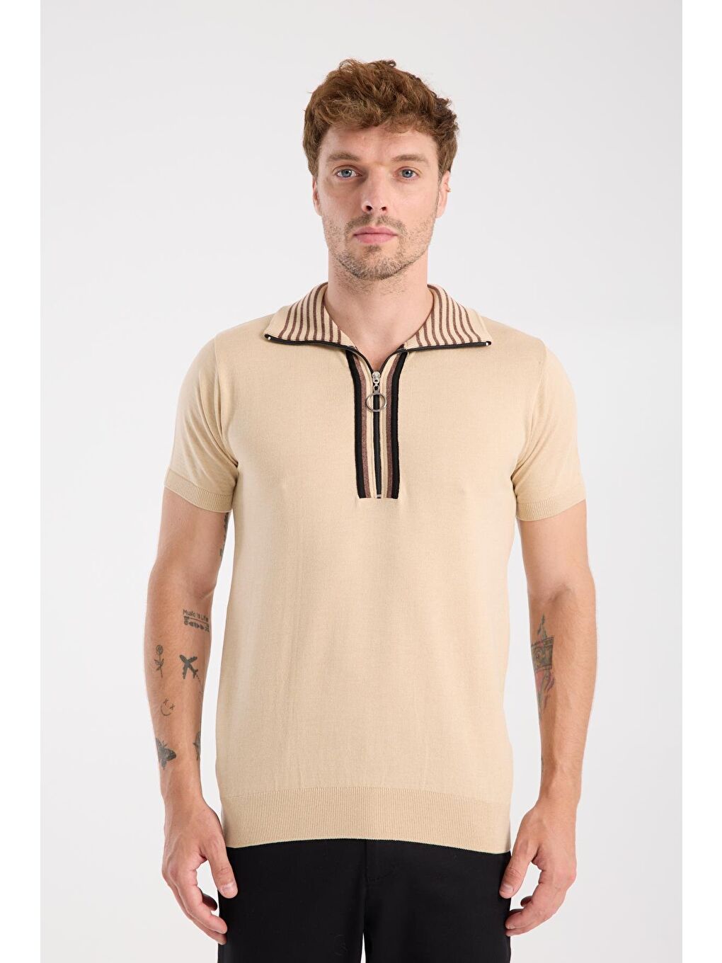 Aclub Foxtrot Örme Kumaş Viskon Karışımlı Slim Fit Koyu Bej Dik Yaka Erkek Düz Polo Shirt-6