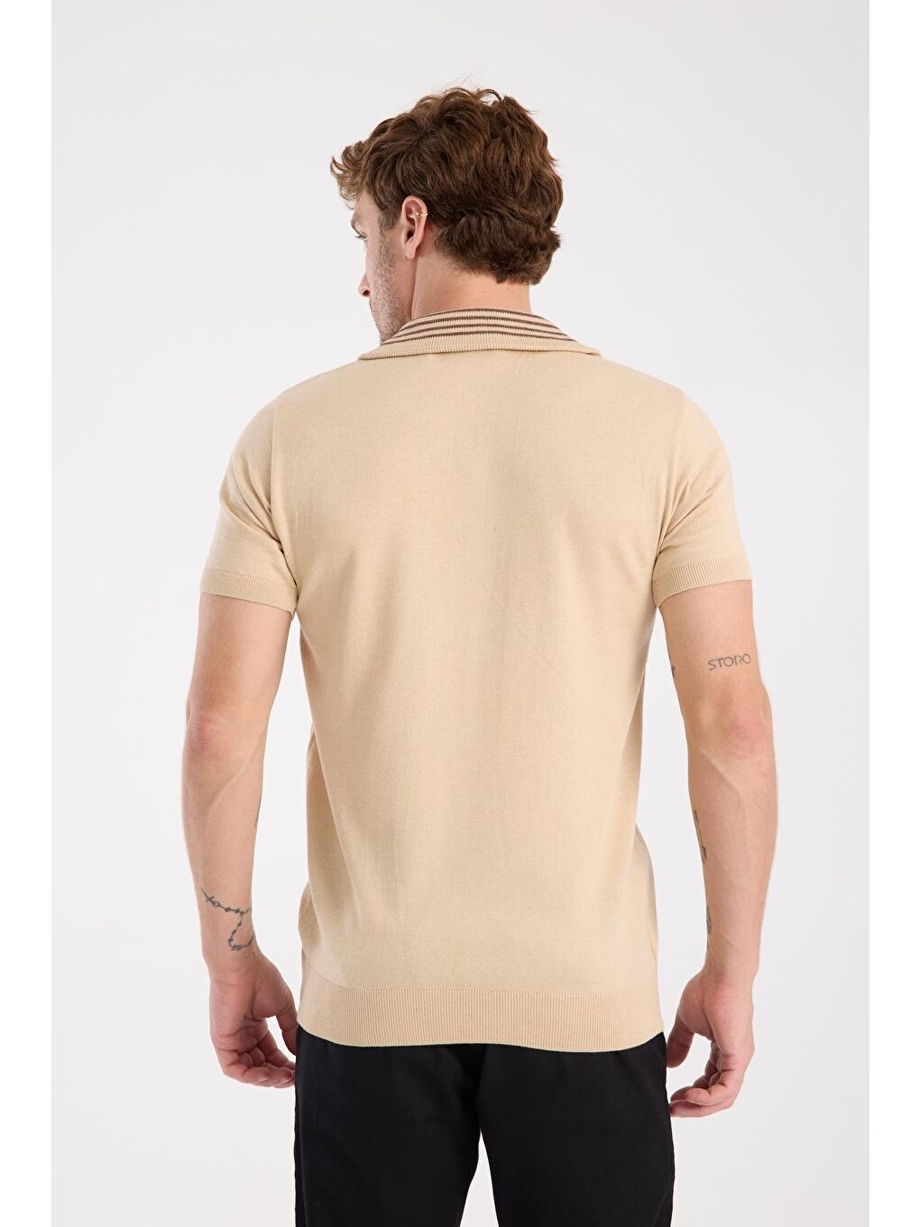 Aclub Foxtrot Örme Kumaş Viskon Karışımlı Slim Fit Koyu Bej Dik Yaka Erkek Düz Polo Shirt-7