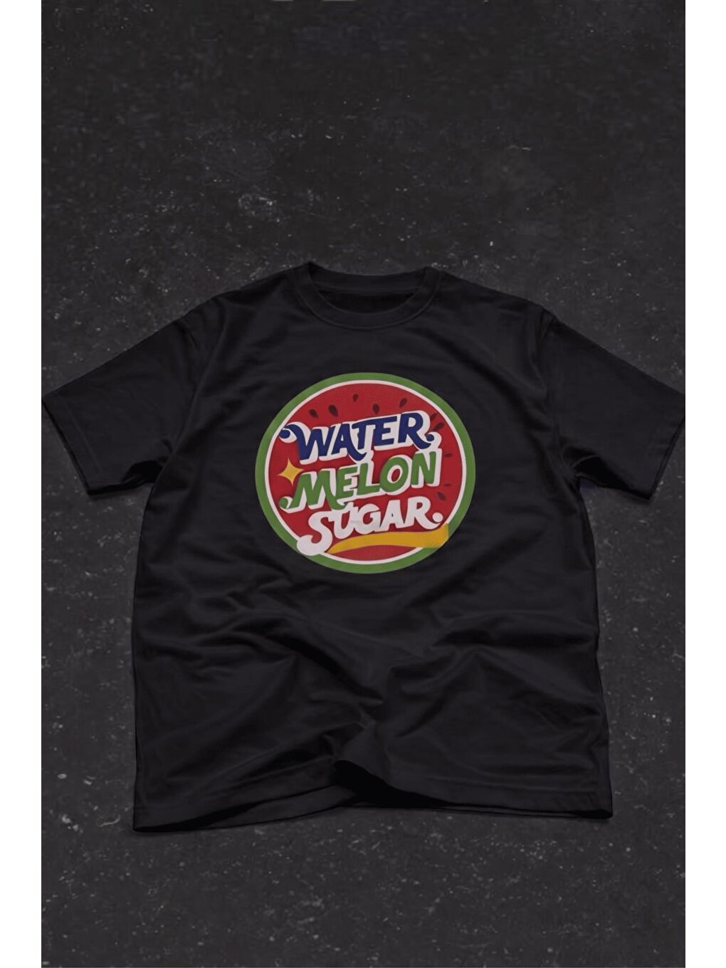 Siyah Watermelon Sugar Retro Baskılı Oversize Unisex Pamuklu Tişört-1