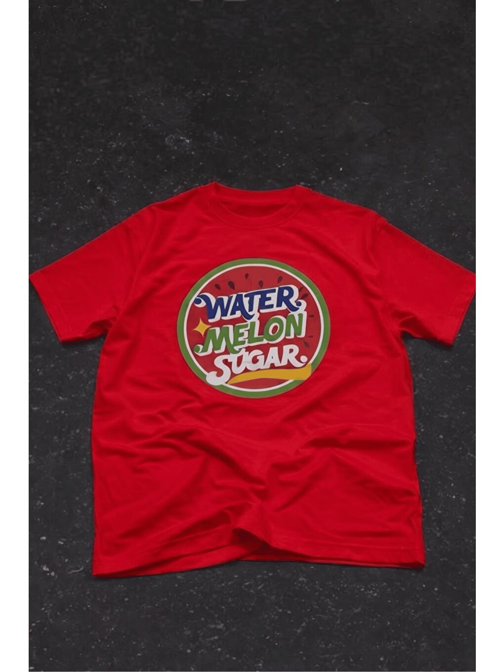 Kırmızı Watermelon Sugar Retro Baskılı Oversize Unisex Pamuklu Tişört-1
