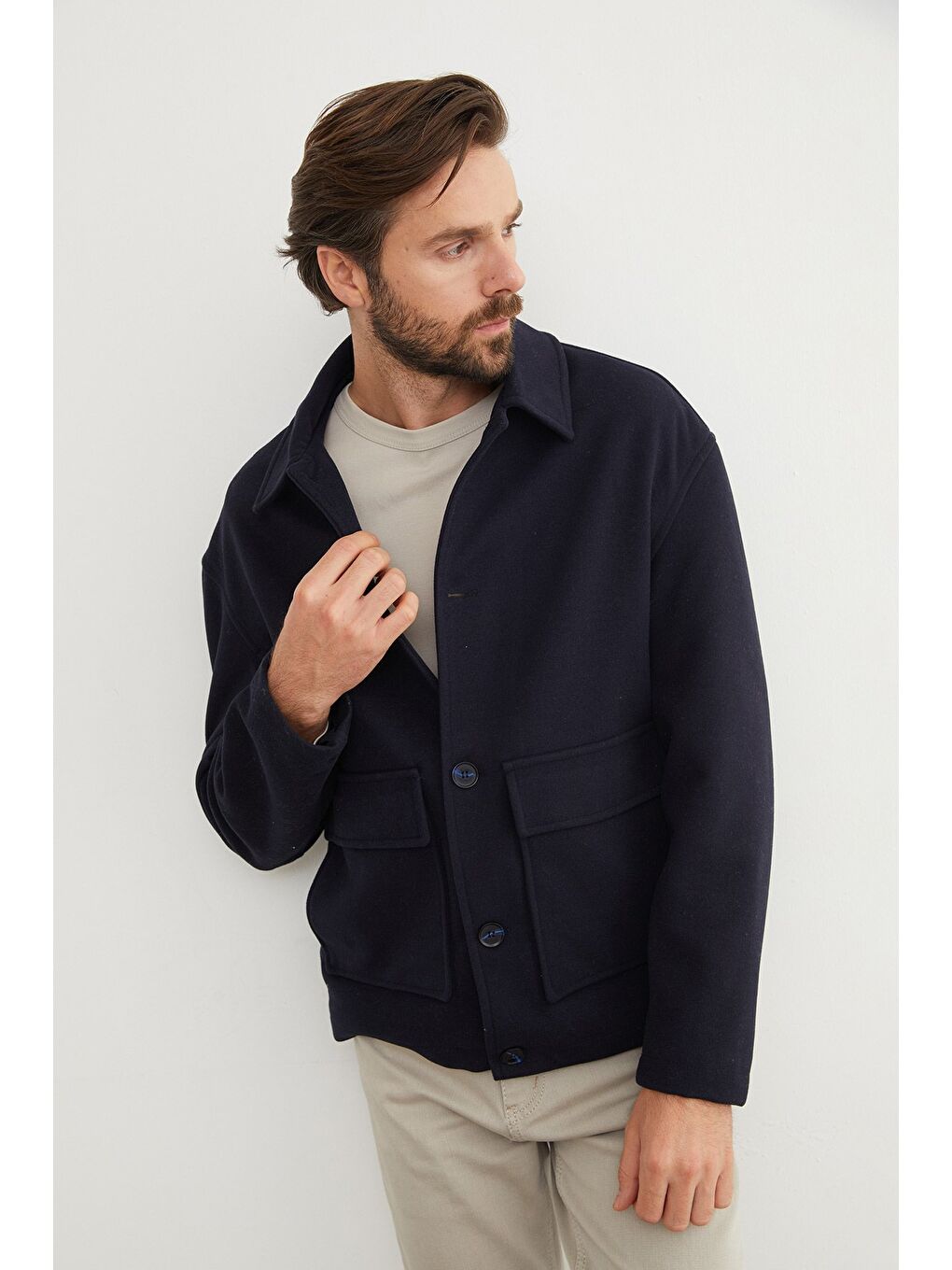 Lacivert Düğmeli Çift Cepli Gömlek Yaka Kaşe Kaban-1